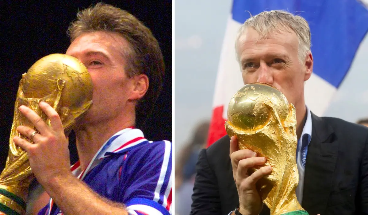 Didier Deschamps ôm cúp vàng. 