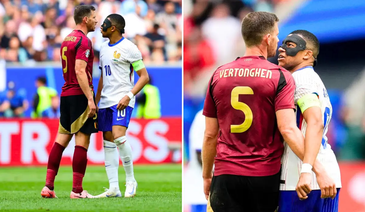 Mbappe ăn mừng trước mặt Vertonghen.