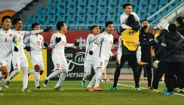 U23 Việt Nam ăn mừng sau bàn thắng vào lưới U23 Hàn Quốc của Quang Hải