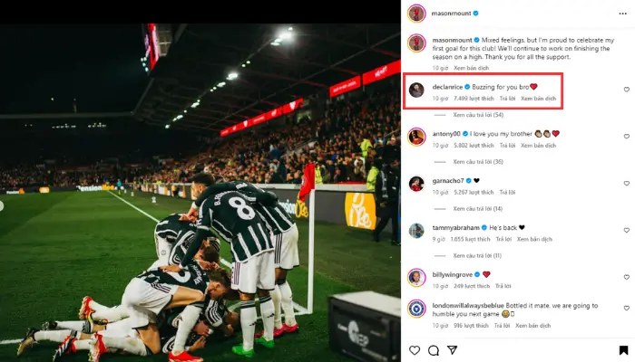 Declan Rice gửi lời chúc mừng đến Mount qua bài đăng Instagram.