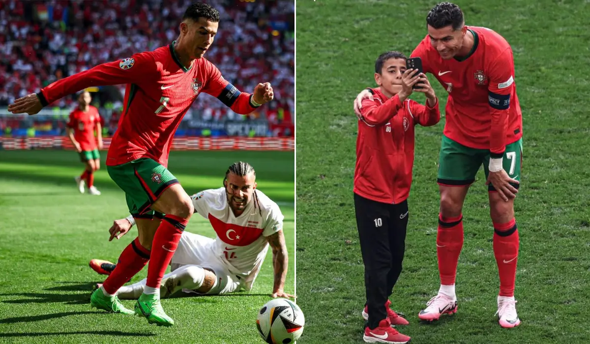 Ronaldo đổi mẫu giày khác sau khi hiệp 1 với Thổ Nhĩ Kỳ khép lại.