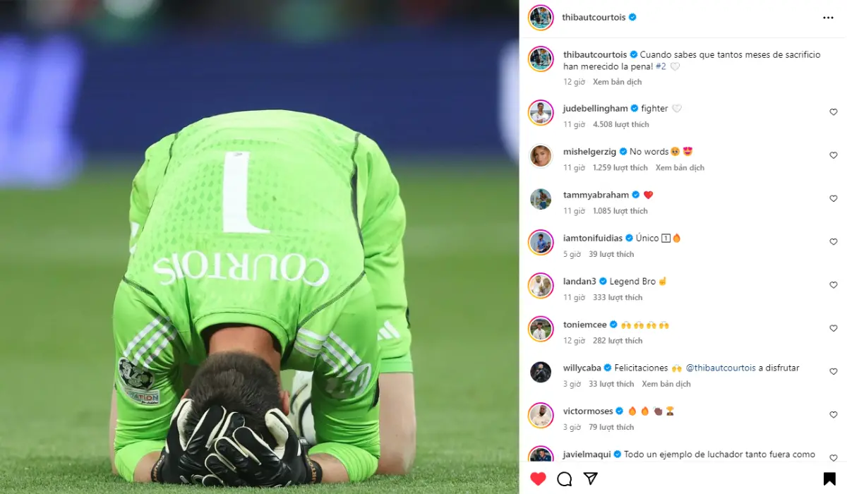 Courtois đăng tải tấm ảnh ăn mừng trên Instagram.