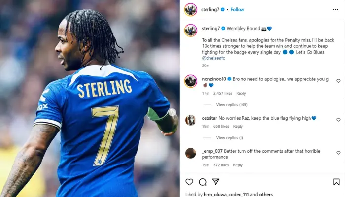 Sterling gửi lời xin lỗi đến người hâm mộ qua bài đăng trên Instagram.