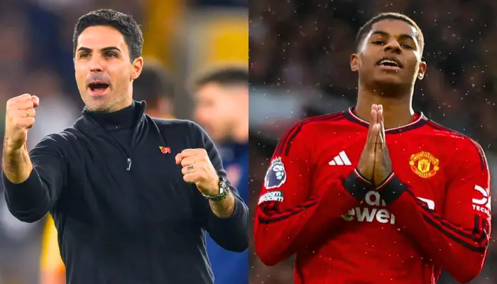 Mikel Arteta và Rashford ăn mừng.